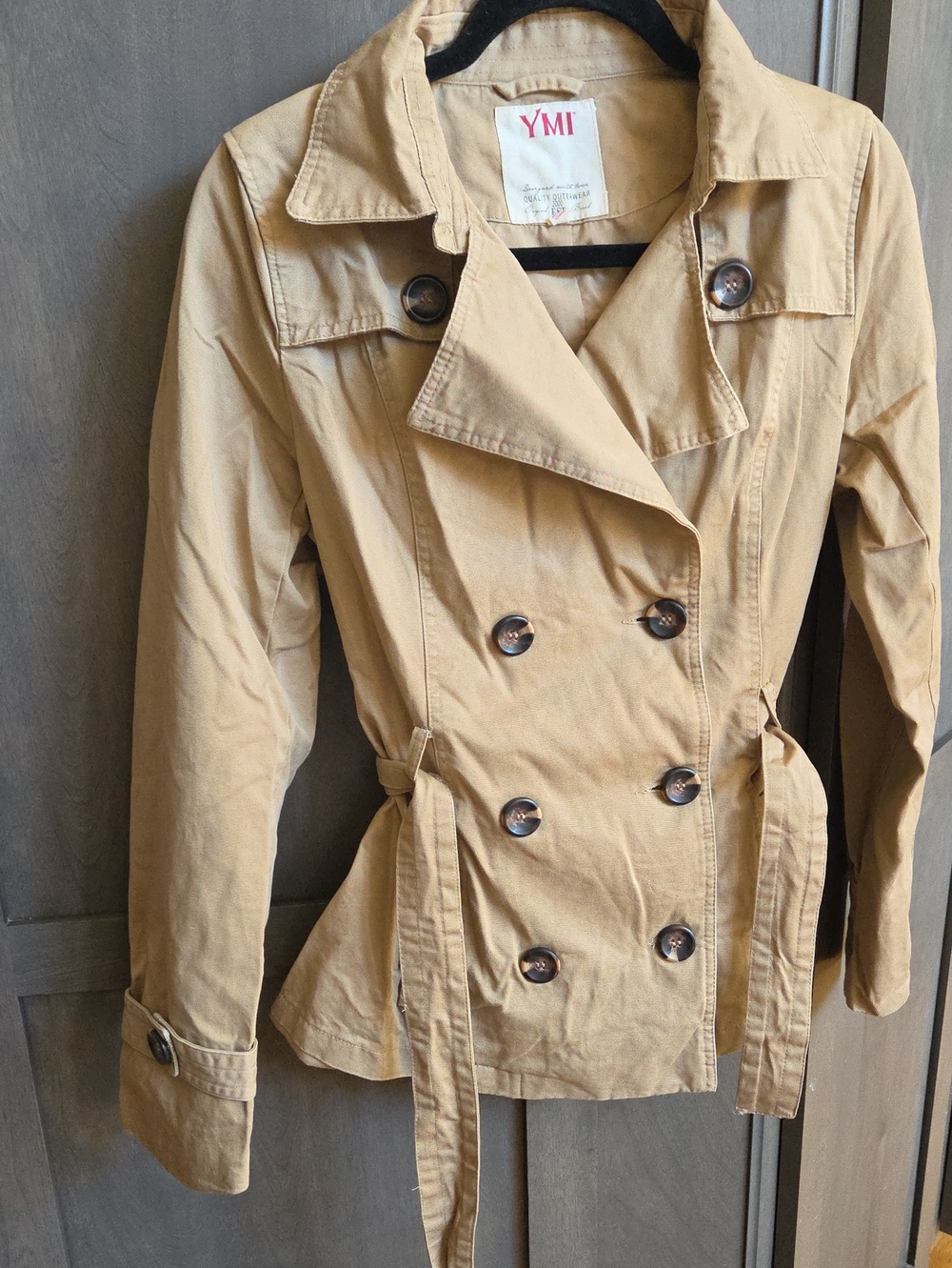 YMI Women's Tan Double-Breasted Trench Jacket with Waist Tie